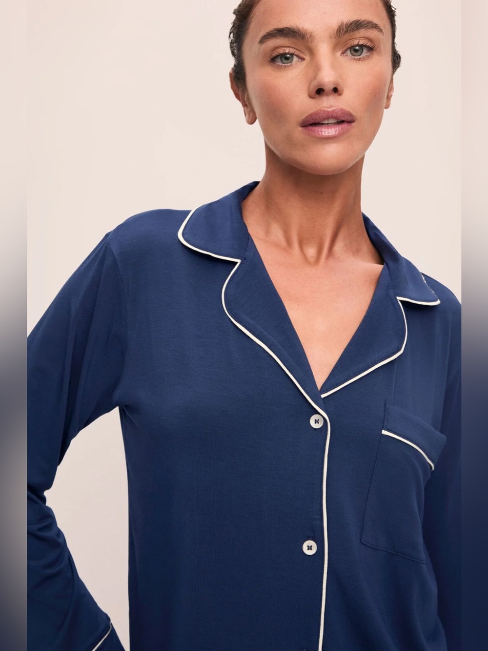 Eberjey Navy Pajama Set with White Piping Trim